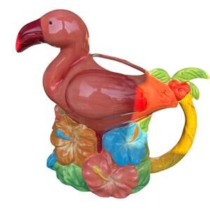 Summer Living Flamingo Ceramic Pitcher Tropical Hibiscus Handle